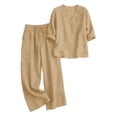 thumbnail image 6 of VISALY 2 Piece Linen Outfit 3/4 Sleeve V Neck Cotton Linen Tunic Blouse Peasant Shirts Drawstring Waist Wide Leg Pants Set Lightweight Casual Summer Gauze Sets Beach Vacation Tracksuit Khaki Xl, 6 of 8