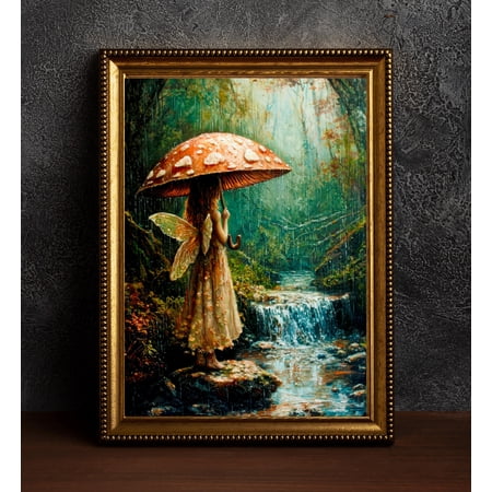 Fairy Holding Mushroom Umbrella Poster Enchanted Woodland Artwork Magical Nature Illustration Cottagecore Wall Art Whimsical Fantasy Print, Poster Only