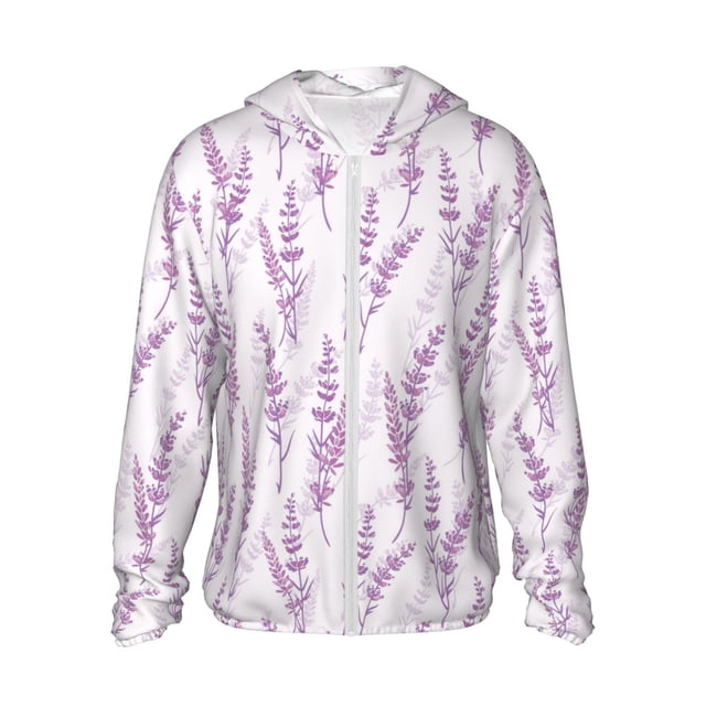 KLL Veste à Capuche Extérieure Protection Solaire UPF 50+ pour Hommes et Femmes avec Imprimé de Fleurs de Lavande, Manches Longues, Chemise de Pêche Randonnée Performance - Grande Taille