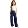 thumbnail image 2 of gibobby Girl's Cotton Linen Casual Palazzo Pants Drawstring Elastic Waist Flowy Wide Leg Long Lounge Trousers,Blue, 2 of 7