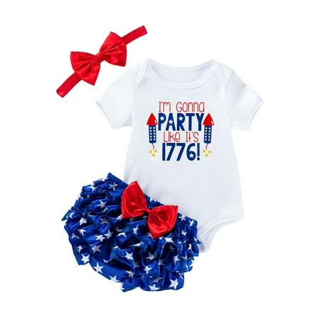 

4th of July Baby Girls Romper American Flag Print Tops Elastic bummies for Baby Girls Headband Outfit 3Pcs