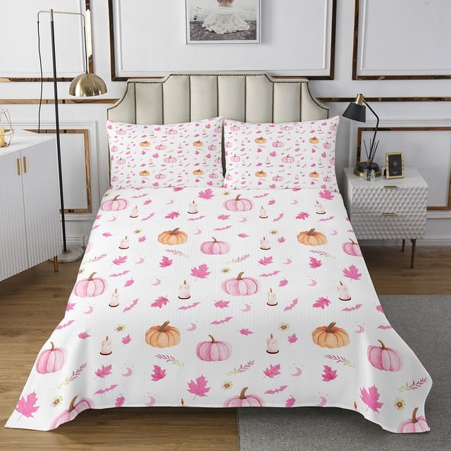 YST Ensemble de Courtepointe Récolte d'Automne Chambre Enfants Jour de l'Action de Grâce Couvre-Lit Feuilles de Citrouille Ensemble de Couvre-Lit Rustique Ferme d'Automne Taille Simple avec 1 Taie d'Oreiller, Rose