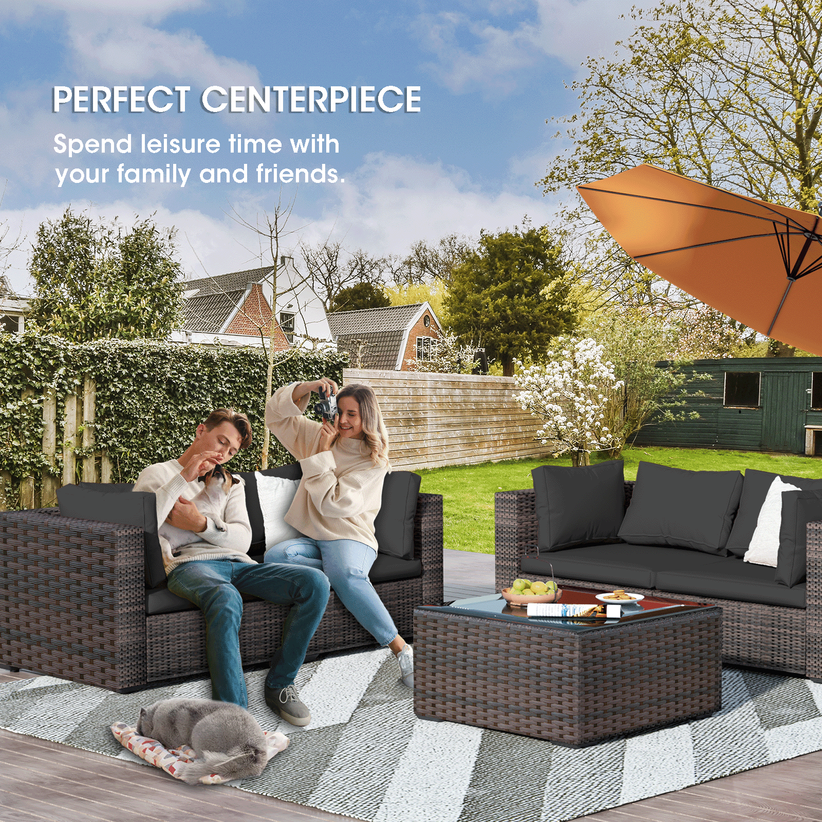 TANGJEAMER 5 Piece Patio Furniture Set, All Weather Outdoor Sectional PE Rattan, Patio Conversation Sets with Cushions and Glass Coffee Table for Garden Lawn Balcony Porch Deck, Black