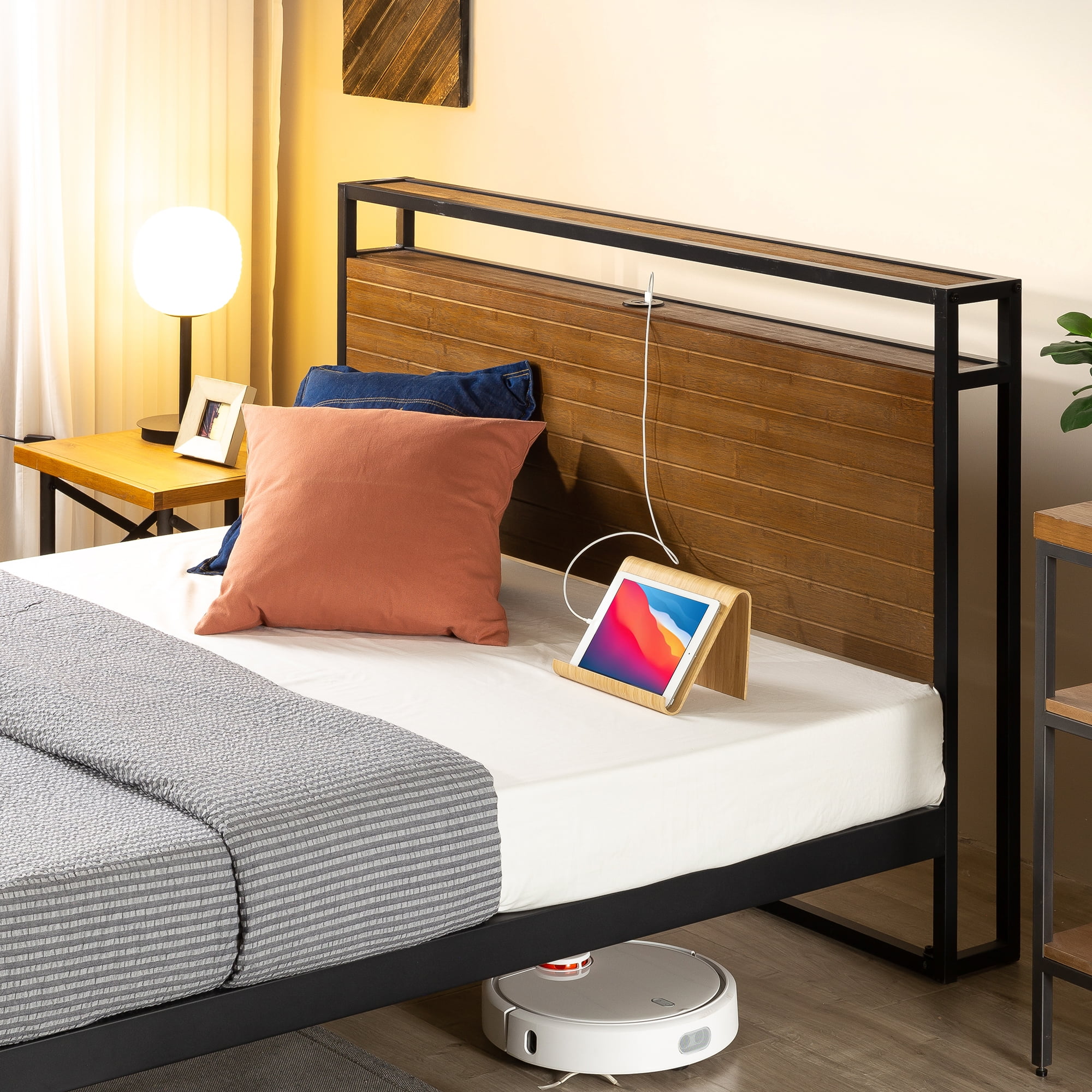 Zinus Suzanne 39" Bamboo and Metal Platform Bed Frame with Shelf and USB Ports, Adult, Full
