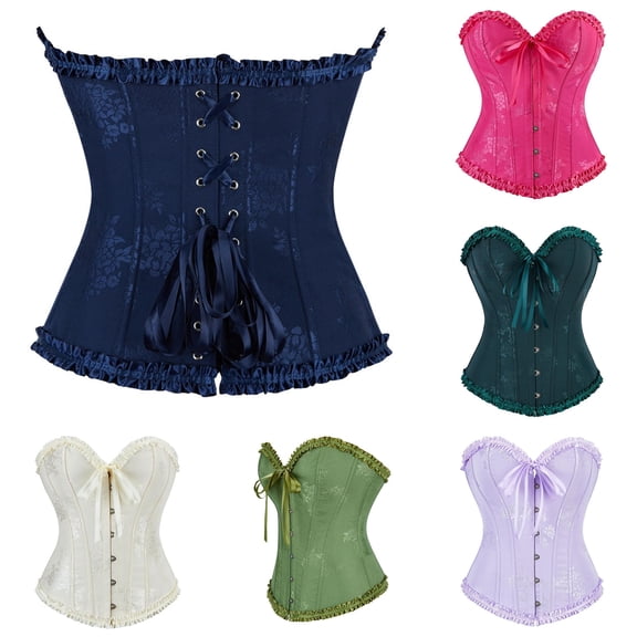 REDARER Floral Jacquard Ruffled Sweetheart Corset Front Satin Ribbon Tie Metal Buckle Waist Trainer Bustier for Halloween Renaissance Bridal Cosplay Tea Party Evening Dress Up Outfit,S
