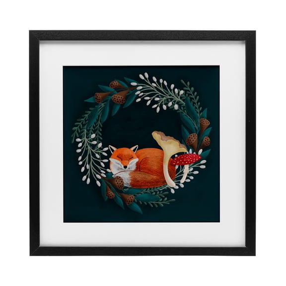 Stupell Industries Rustic Lodge Sleepy Fox in Botanical Wreath Black Framed Print Under Glass, 13 x 13, by Metka Hiti