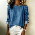 thumbnail image 3 of Lenpel Denim Tops for Women Crew Neck Long Sleeve Blouses Fashion Button Side Split High Low Hem Jean Tops Casual Fall Clothes, 3 of 6