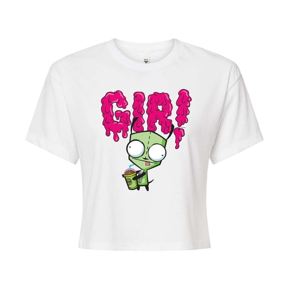 Invader ZIM - GIR Drinking and Sticking Tongue Out - Juniors Cropped Cotton Blend T-Shirt