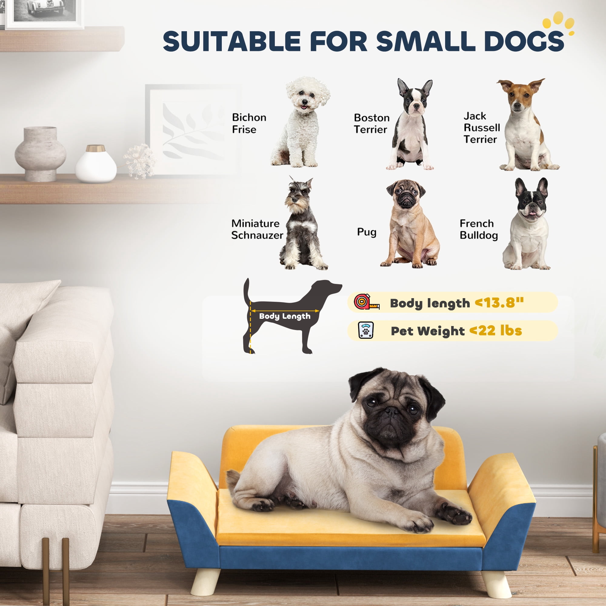 PawHut Dog Sofa Bed, Dog Couch, Pet Sofa for Small Dogs w/ Soft Cushion, Removable Washable Cover, Elevated Dog Bed Couch with Anti-Slip Foot Pads