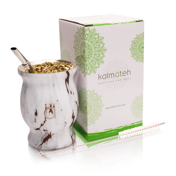 Kalmateh Traditional Yerba Mate Gourd- Modern 8.6 oz Mate Cup- Double Walled 18/8 Stainless Steel - Includes Bombilla and Cleaning Brush (Gold Marble)