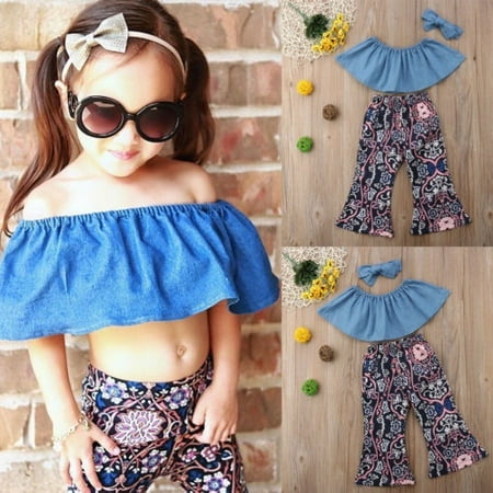 

2018 Summer Kids Baby Girl Clothes 3Pcs Outfit Set Denim Crop Tops+Floral Flare Pants