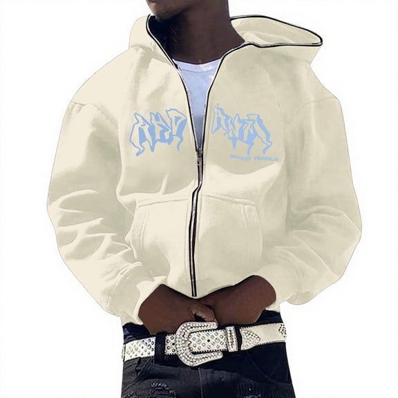 Zip Up Hoodie for Men Versatile Letter Print Long Sleeve Hoodies Streetwear Hooded Jacket Fall Loose Men Hoodies