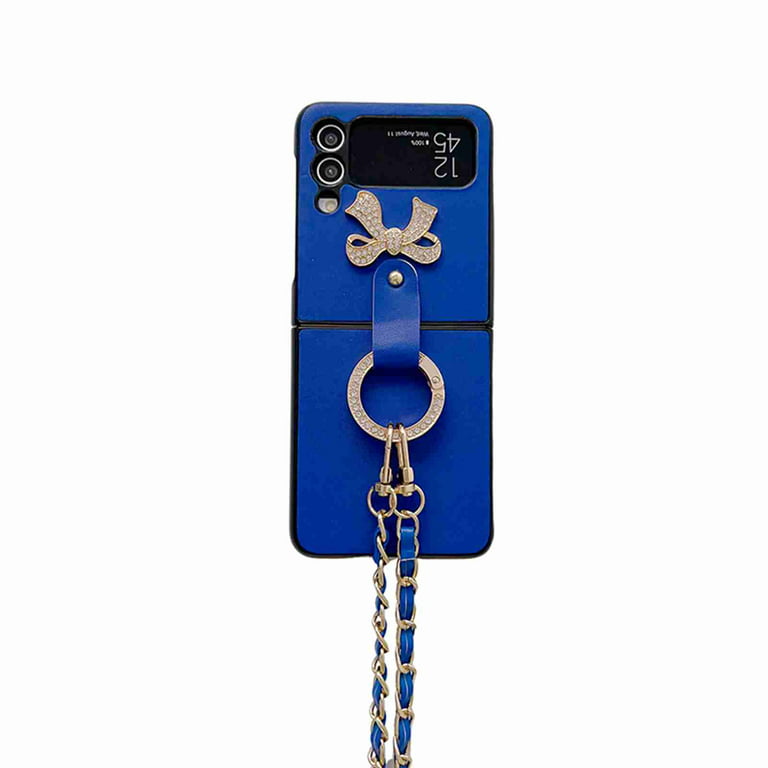 Dteck for Samsung Galaxy Z Flip 4 5G Case with Crossbody Chain Strap Cute  3D Handmade Sparkle Crystal Diamond Bling Glitter Ring Stand PU Leather  Hard PC Phone Case for Women Girls,Blue 