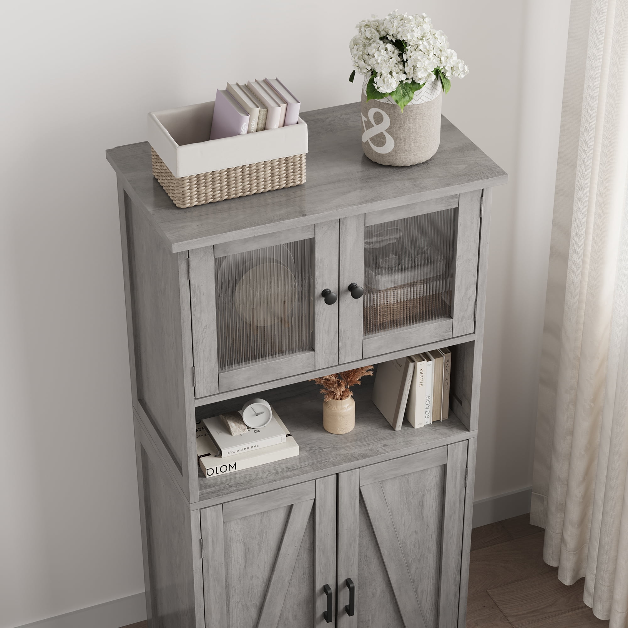 54-Inch Tall Storage Cabinet Hutch Bar Cabinet with Glass Doors and Adjustable Shelves, Wooden Kitchen Pantry Storage Cabinet for Living Room and Dining Area