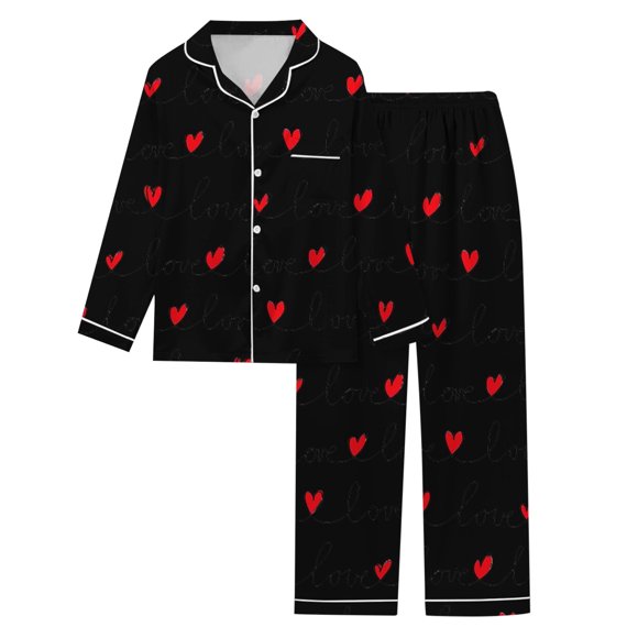 Bmisegm Women's Valentine's Day Heart Print Long Sleeve Pajama Set Cozy Sleepwear Loungewear Two Piece Outfit with Comfortable Pants Womens Pajamas Black M