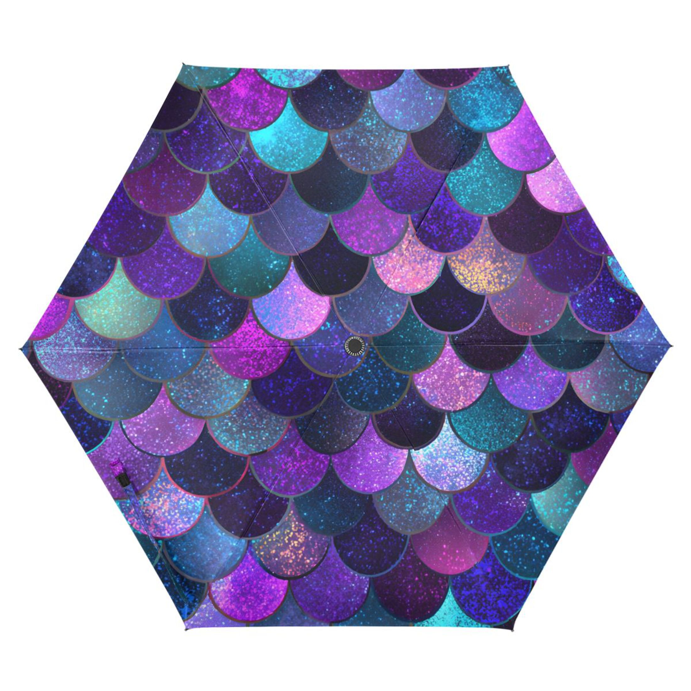 Purple Blue Mermaid Scales All Weather Umbrella Triple Folding Parasol 6 Ribs UV Protection Portable