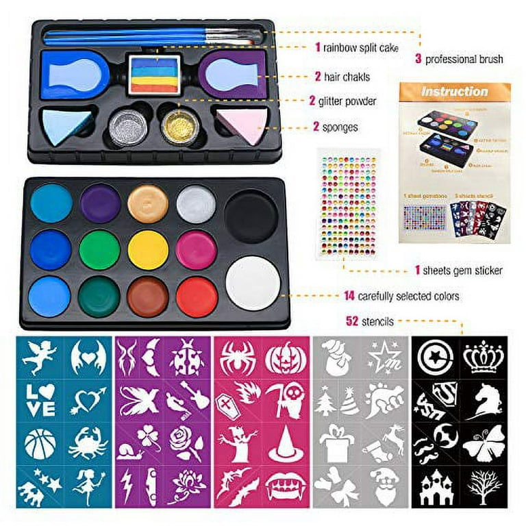  Miserwe Face Paint Kit-18 Colors,40 Stencils,1 Silver Sticker,2  Glitter Powder,4 Brushes, 4 Sponge Kit Professional Safe Non-Toxic Washable  Body & Face Paint for Kids Adult : Arts, Crafts & Sewing