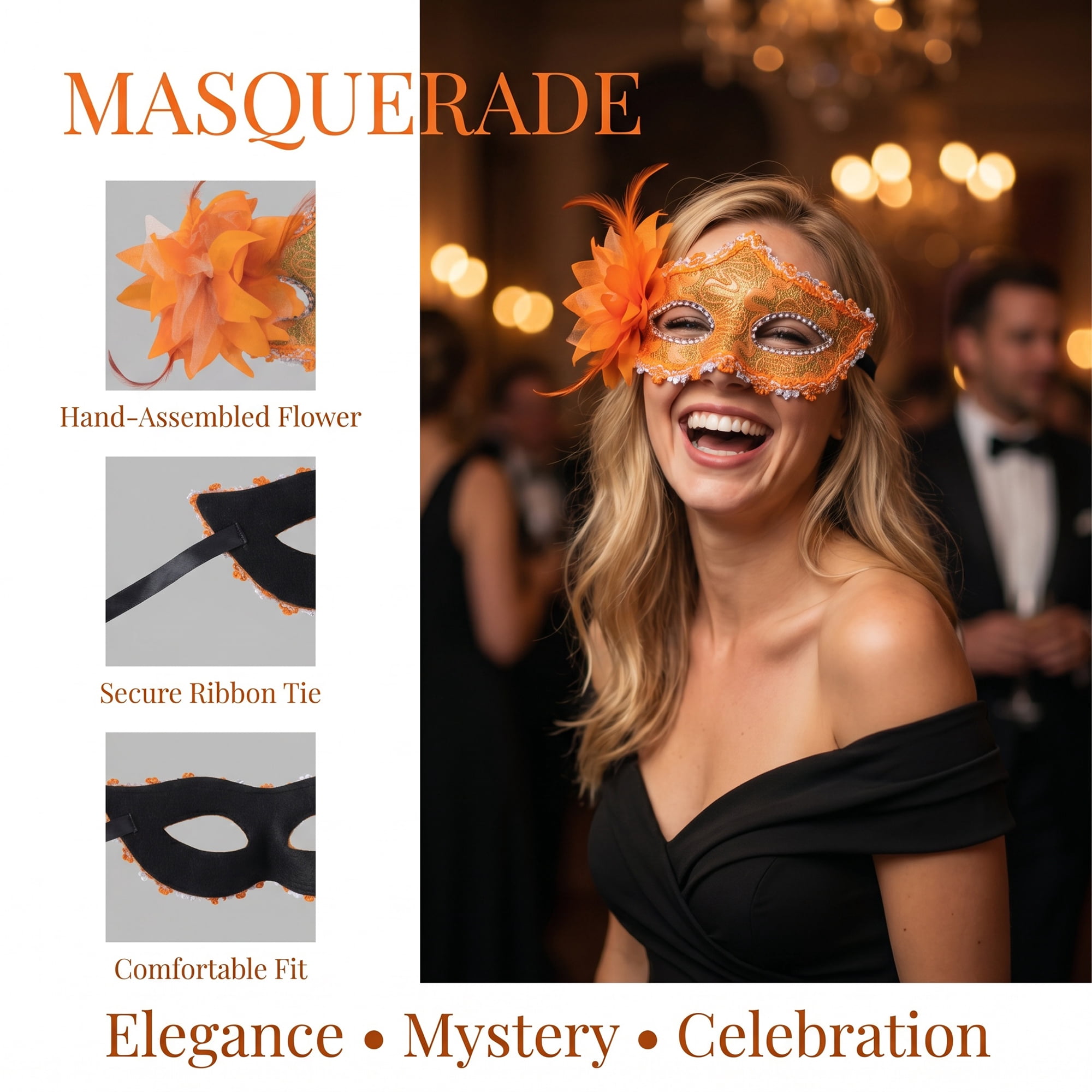 Unique Bargains Venetian Masquerade Side Flower Rose Eye Mask for Party Orange 6.3" x 4.3"