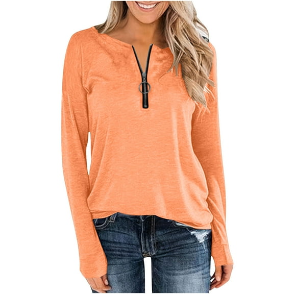 zbxnLI Fall Tops for Women Long Sleeve Half Zip Shirts V Neck Pullover Tunics Dressy Casual Blouses