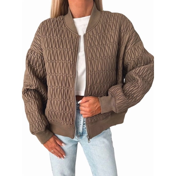 Womens Jackets Spring Fashion Cute Jacquard Coats Zip Up Jackets Dressy Casual Brown M