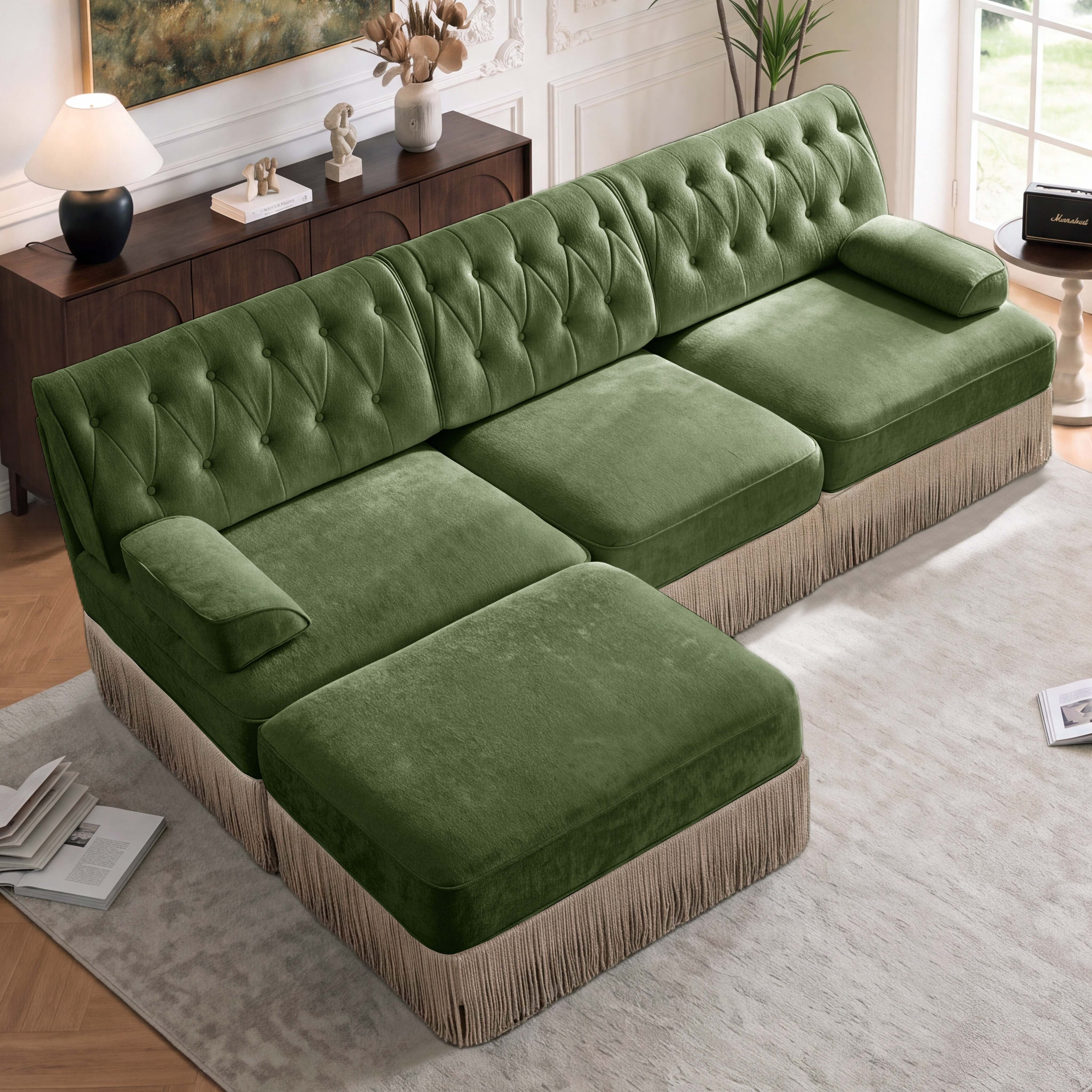 106" Chesterfield 3 Seater L-Shaped Modular Sectional Sofa Set with Ottoman and Tassel Skirt, Easy to Assemble