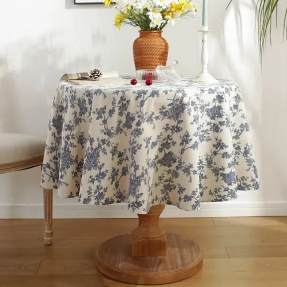 Floral Linen Cotton Tablecloth Pastoral Floral Rustic Washable Round Table Cover For Farmhouse Decor,Picnic,Tabletop Decor