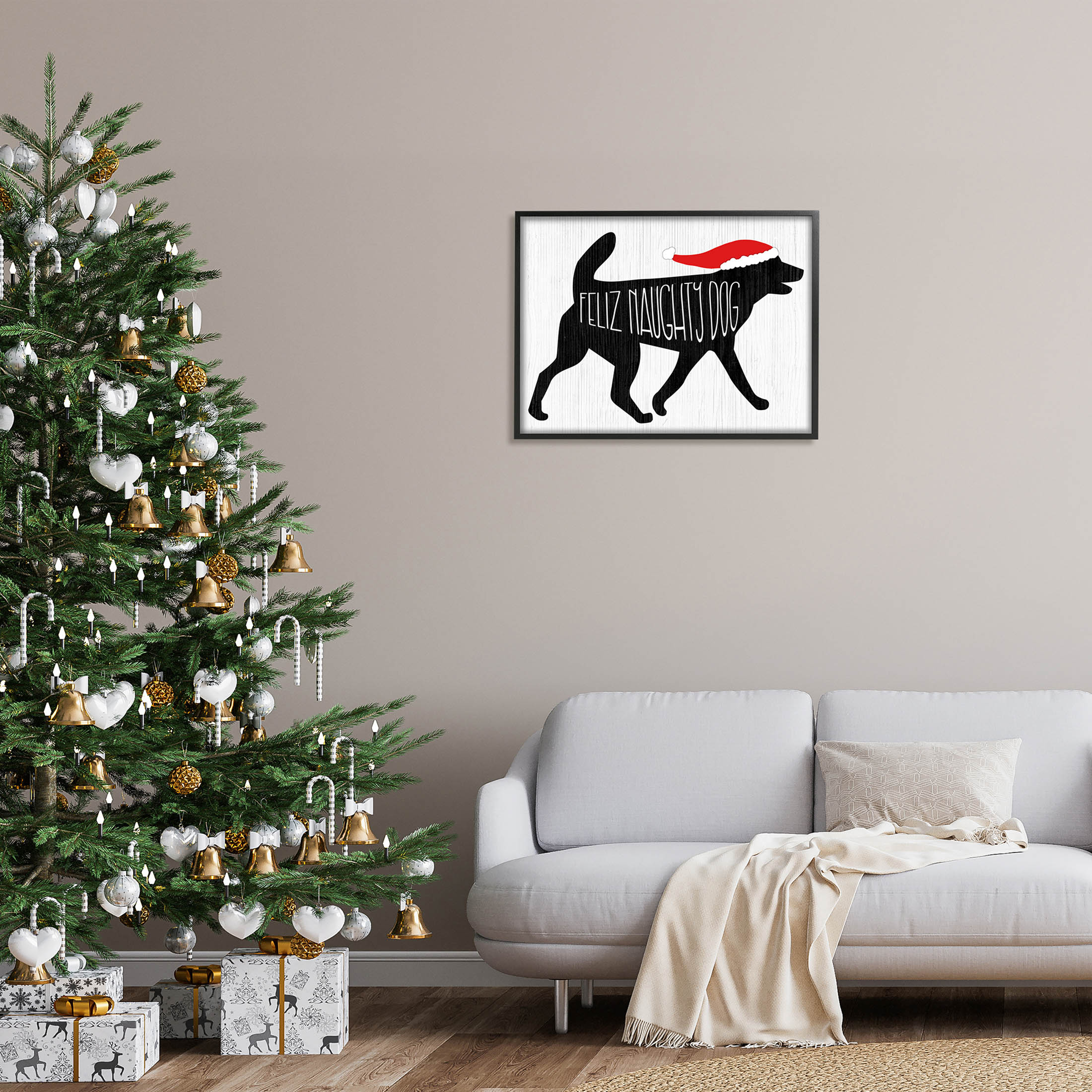 Feliz Naughty Dog Funny Pet Holiday Graphic Art Black Framed Art Print Wall Art