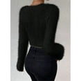 thumbnail image 5 of Women'S Fuzzy Long Sleeve V Neck Crop Sweater Casual Plain Slim Fit Warm Knitwear Sweater Pullovers Black S, 5 of 8
