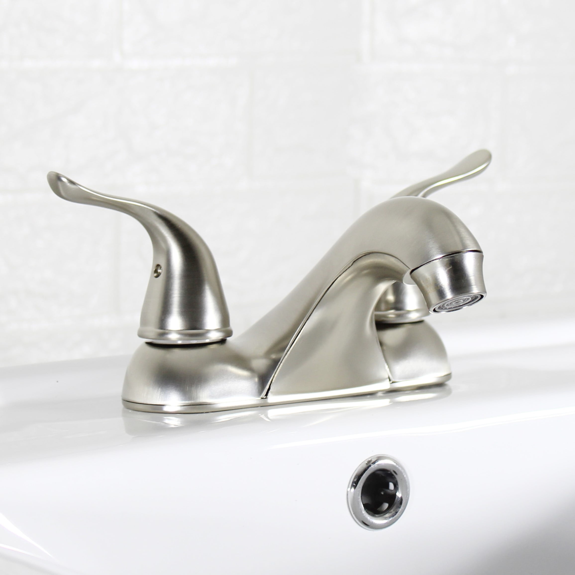 Mainstays 4-inch Centerset Bathroom Faucet with Push Pop-up, Dual Handle, Satin Nickel