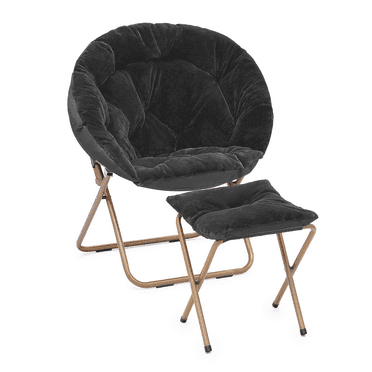 BEZT Round Folding Faux Fur Saucer Chair for Bedroom Living Room Dorm Foldable Metal Frame Oversized Large Comfy Furry Padded Soft Cozy Moon Chair with Footrest Ottoman for Adults (Black)