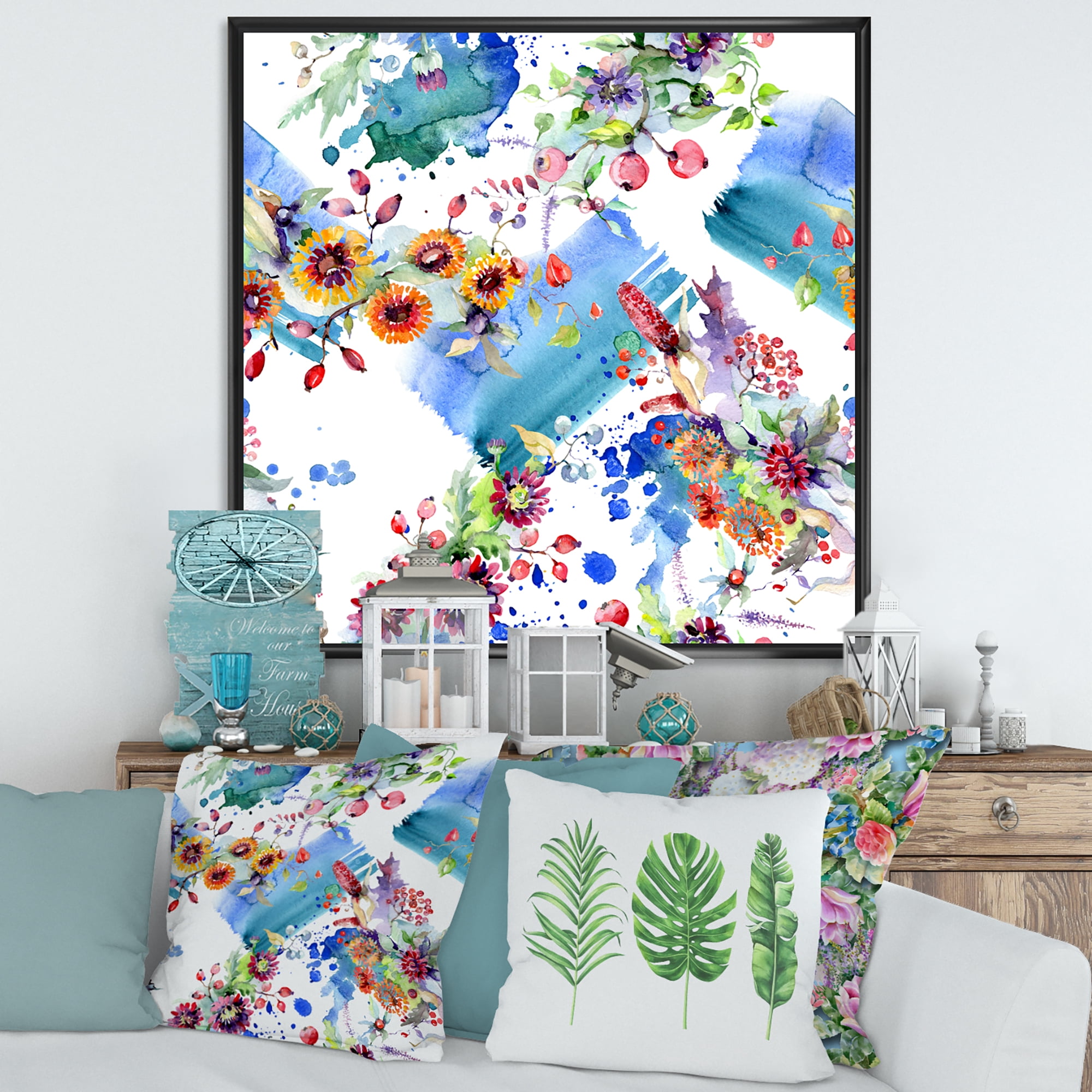 Wildflowers and Vibrant Wild Spring Leaves IX 16 in x 16 in Framed Painting Canvas Art Print, by Designart