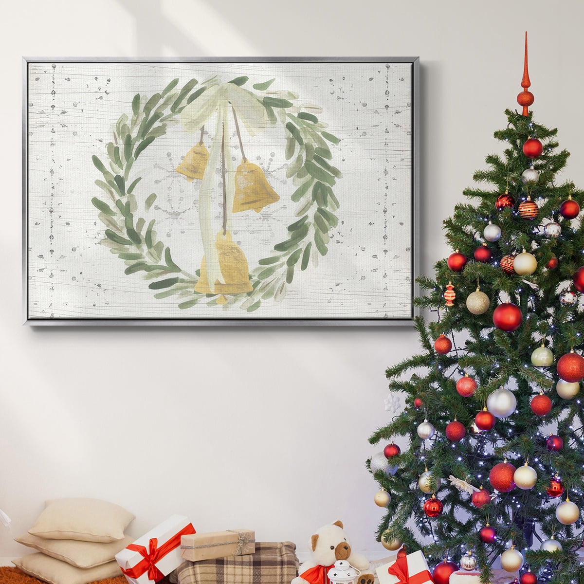 Weathered Aspen Wreath Collection A - Framed Gallery Wrapped Holiday Canvas - 25 x 37 - Silver Frame