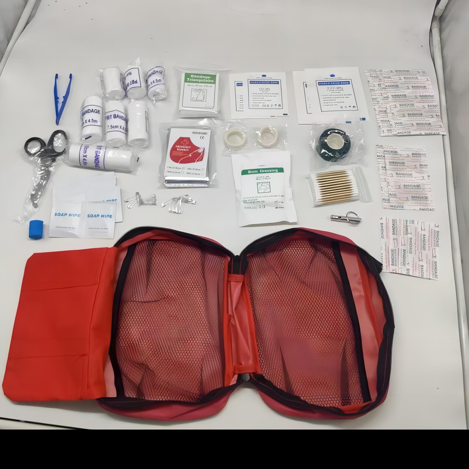 Empty First Aid Kit Bag - Red Medical Pouch with Multiple Compartments & Zippered Mesh Bags for Organizing Emergency Supplies, for Home, Car, Camping & Travel