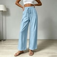 thumbnail image 6 of Linen Wide Leg Pants for Women Elastic Waist Solid Color Palazzo Pants Casual Summer Drawstring Long Pants with Pockets Flowy Beach Vacation Clothes, 6 of 8