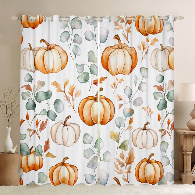 YST Rideaux et Draperies Citrouille Aquarelle Automne Rideaux Occultants Feuilles d'Eucalyptus Vertes Rideaux de Fenêtre pour Enfants Adultes Rideaux de l'Action de Grâce Récolte 2 Panneaux 38"Lx45"H