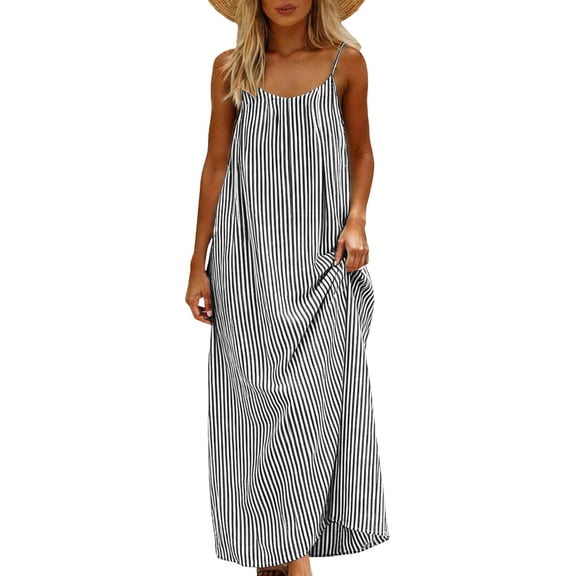Iyufng Summer Dress for Women Fashion Long Spaghetti Strap Sleeveless Backless Casual Stripes
