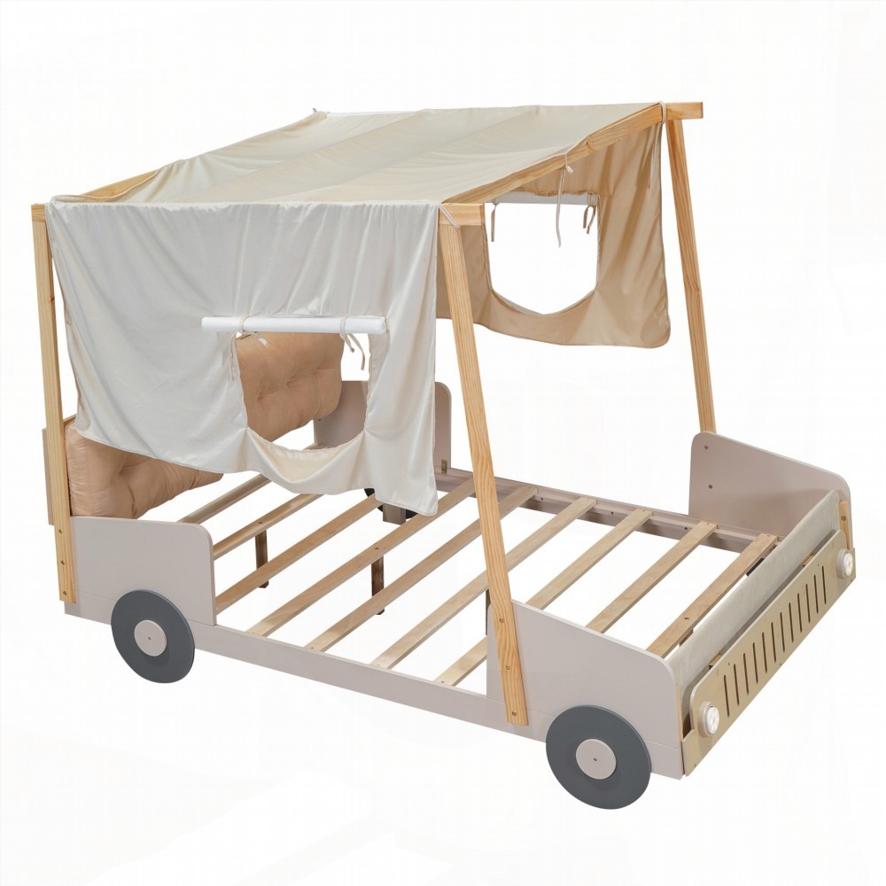 Wood Car Bed with Pillow & LED, Natural Full Size