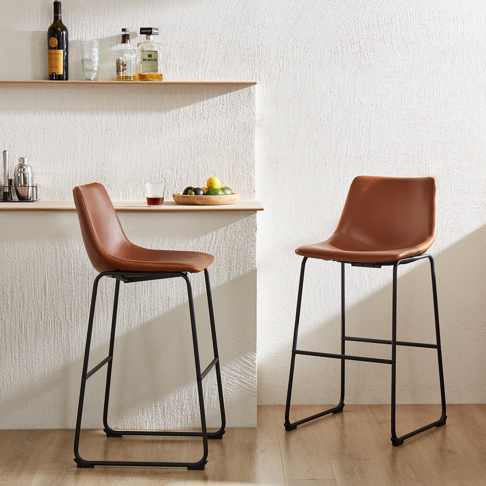 JOINSUN Set of 2 Modern Counter Stool, 30 inch Counter Height Bar Stools With Metal Legs, Footrest, Brown