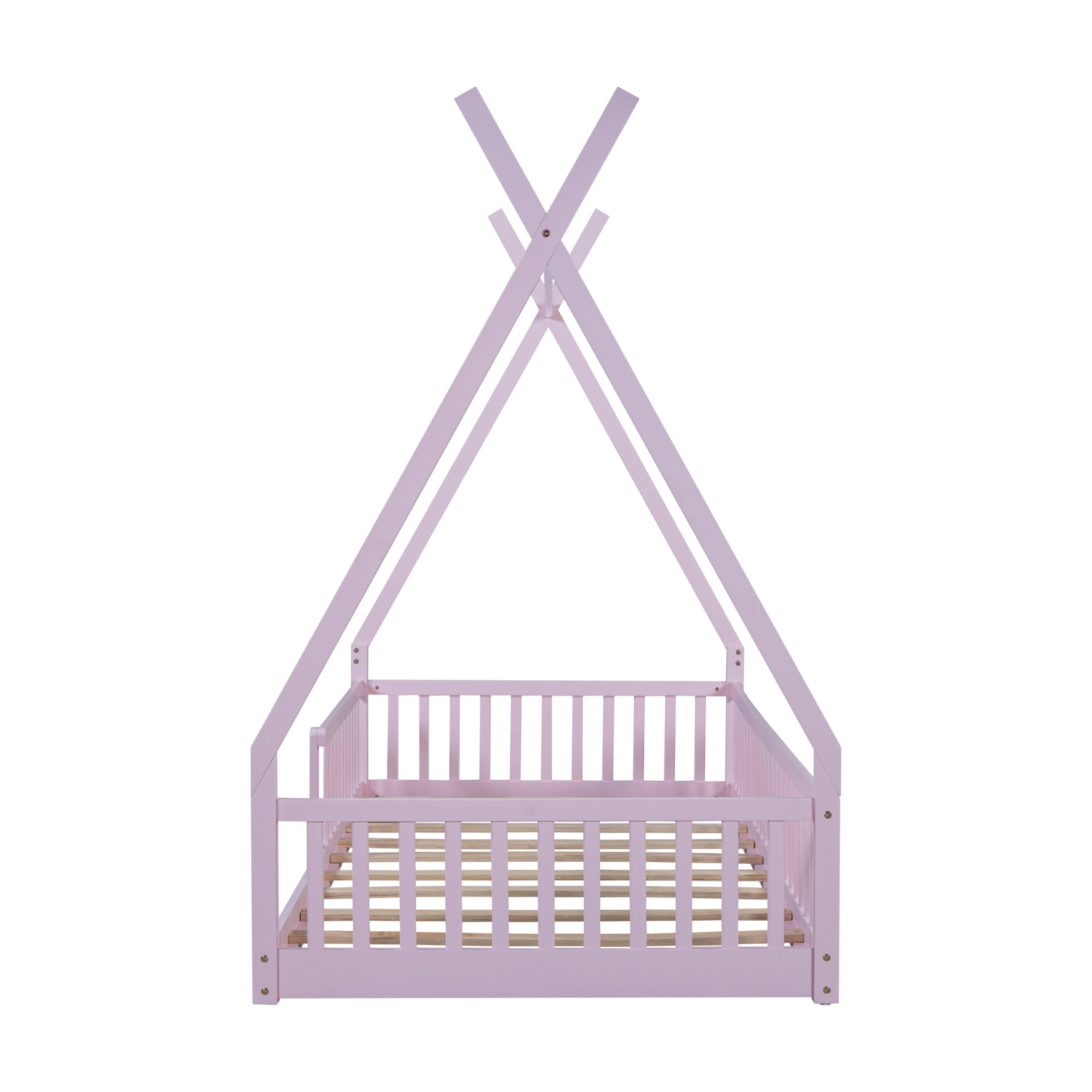 Noble House Windsor Twin Size Pine Wood House Bed with Fence, Distressed Washed Frame with Sky Roof, Pink