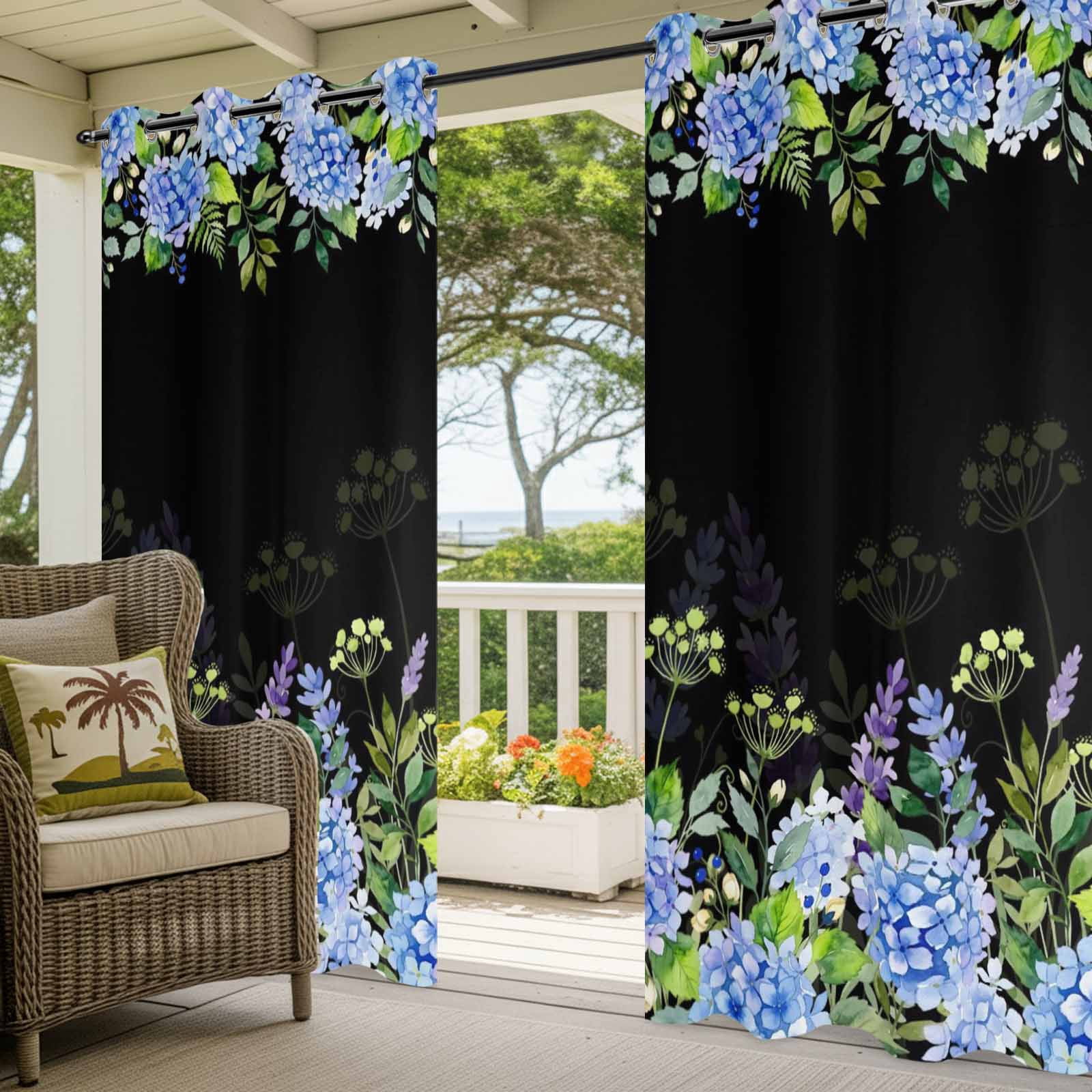 Blue Hydrangea Floral Outdoor Curtains for Patio, Wildflower Garden Botanical Sunshade Privacy Drapes Grommet Waterproof Outside Curtains for Porch/Cabana/Balcony 54"x 108", 1 Panel