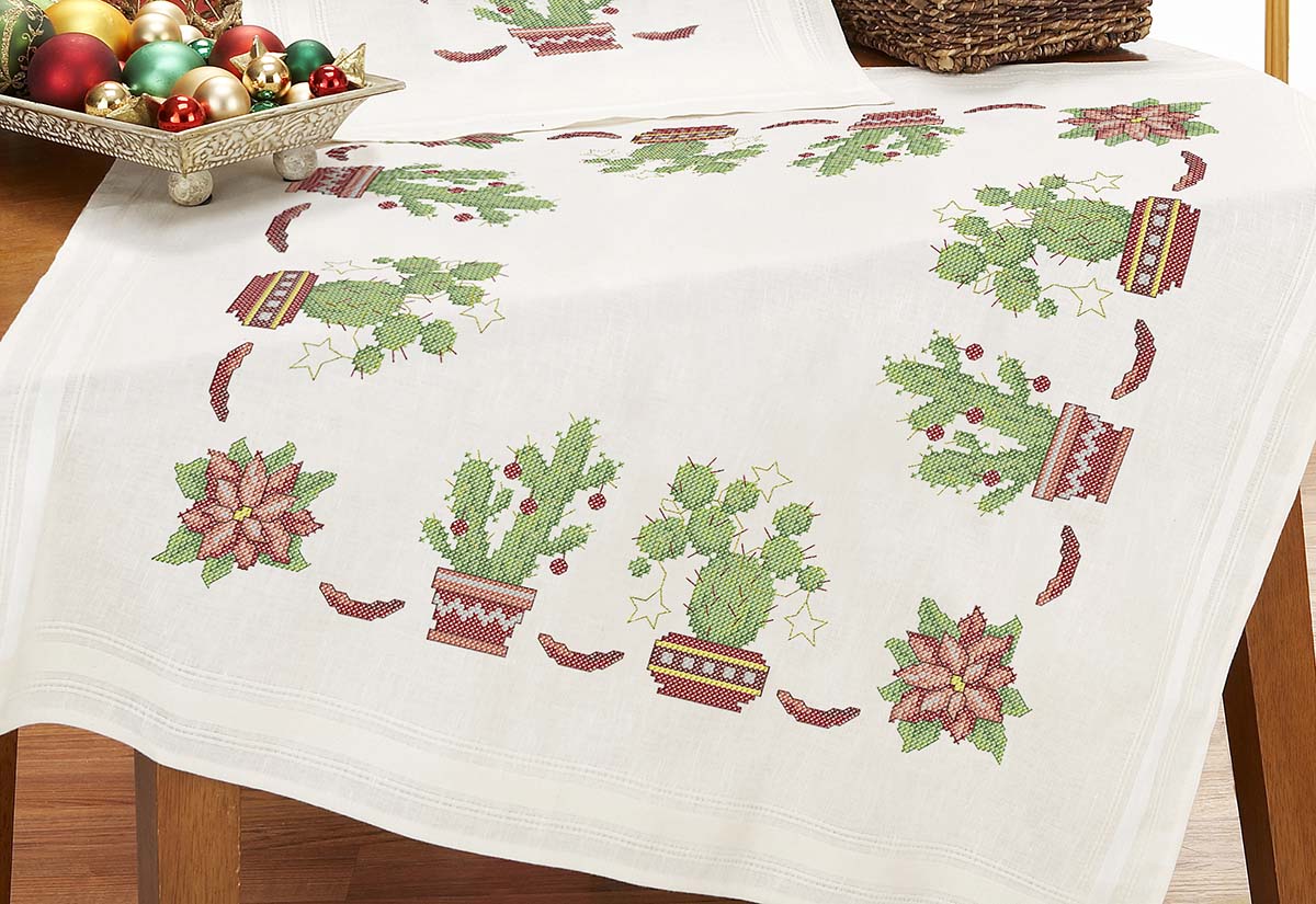 Herrschners® Christmas Cactus Table Topper Stamped Cross-Stitch Kit