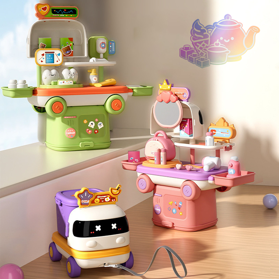 Toddler Multi-theme Rolling Trolley Pretend Toy Set, Detachable Doctor Makeup Kitchen Play Cart, Pretend Play Toy, Educational Imaginative Role Play for Boys and Girls Ages 3 and Up