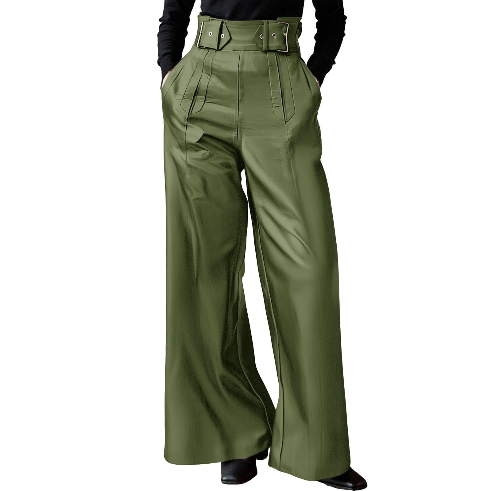 Oksale Faux Leather Pants for Women High Waisted Leggings Pants Wide Leg PU Pants Solid Color Trousers with Pockets 2025 Army Green M