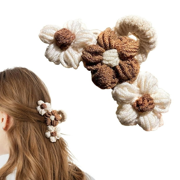 Pinza para el cabello con flores de punto, pinzas para el cabello de ganchillo, elegante accesorio para el cabello de ganchillo para mujeres y niñas, pasador de felpa, horquillas de medio moño de suje