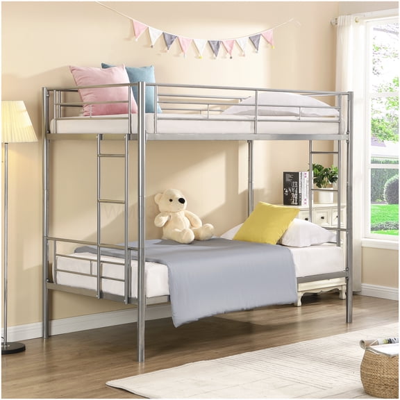 CHAMPFLAG Twin Bunk Bed with Stairs, Metal Frame Space Saver Bed with Ladder, Sturdy Steel Structure, Silver, No Box Spring