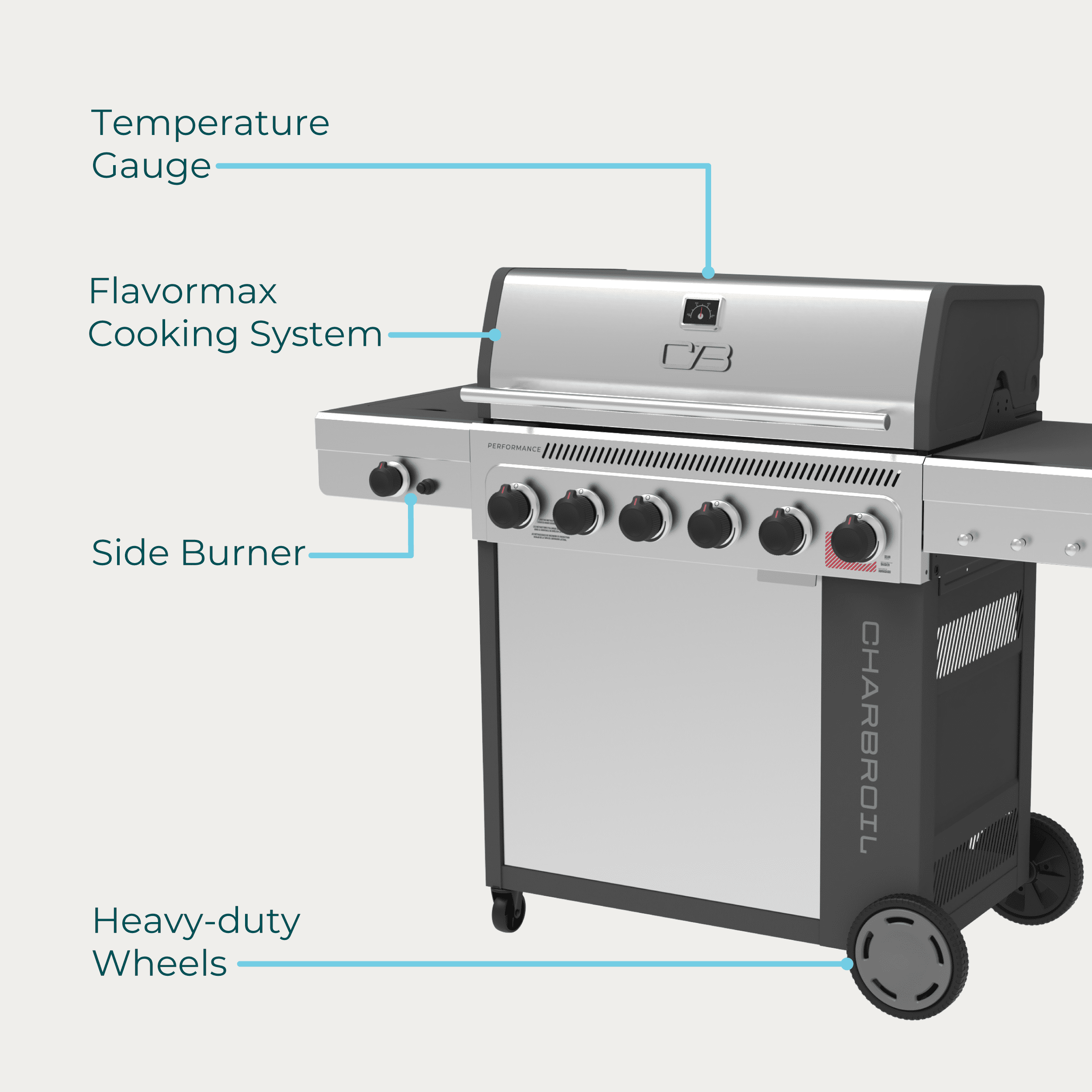 Charbroil Performance Series™ FlavorMax™ 6 Burner Gas Grill Cabinet with Sear Burner and Side Burner Gray Stainless