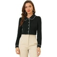 thumbnail image 1 of Camisa casual de contraste con cuello Peter Pan para mujer, blusa de trabajo con mangas abullonadas Negro S, 1 of 6