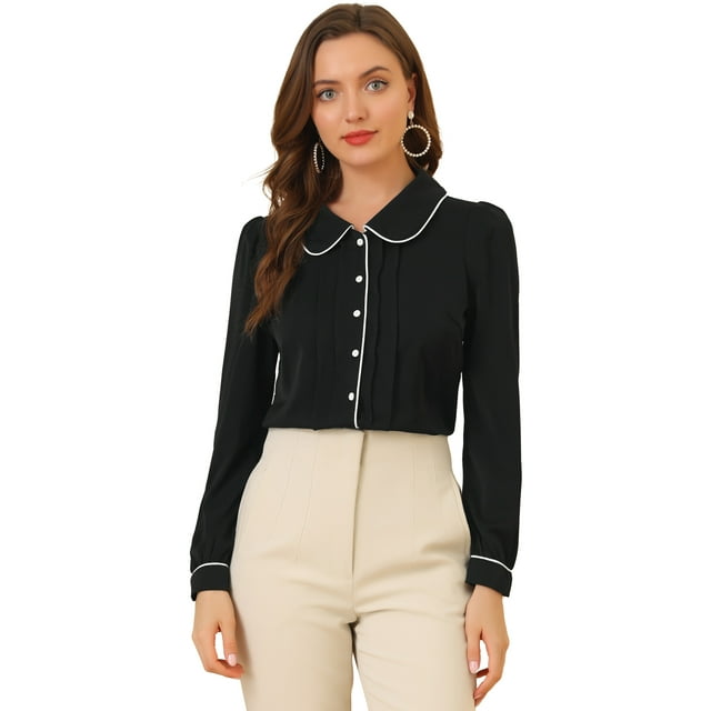 Camisa casual de contraste con cuello Peter Pan para mujer, blusa de trabajo con mangas abullonadas Negro S