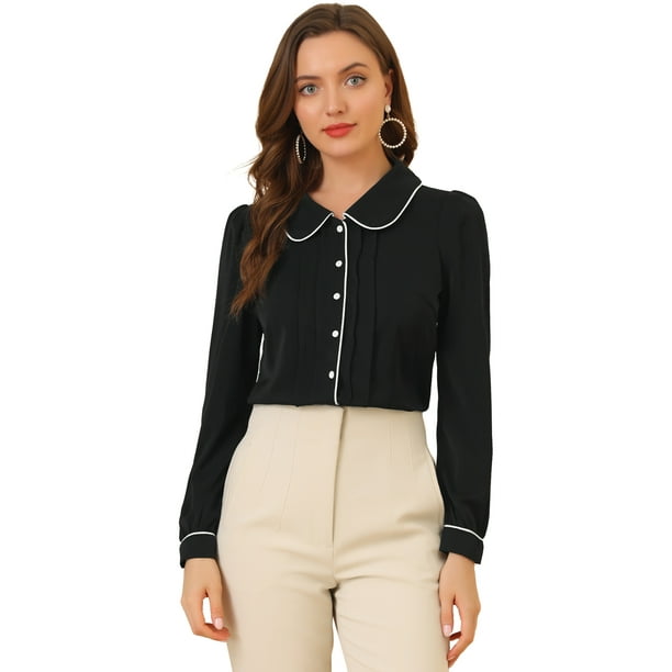Camisa casual de contraste con cuello Peter Pan para mujer, blusa de trabajo con mangas abullonadas Negro S