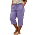 thumbnail image 4 of Ruimatai Women Capri Cropped Pants High Waist Drawstring Elastic Waistband Lace Cutout Pockets Loose Fit Casual Summer Trousers, 4 of 5